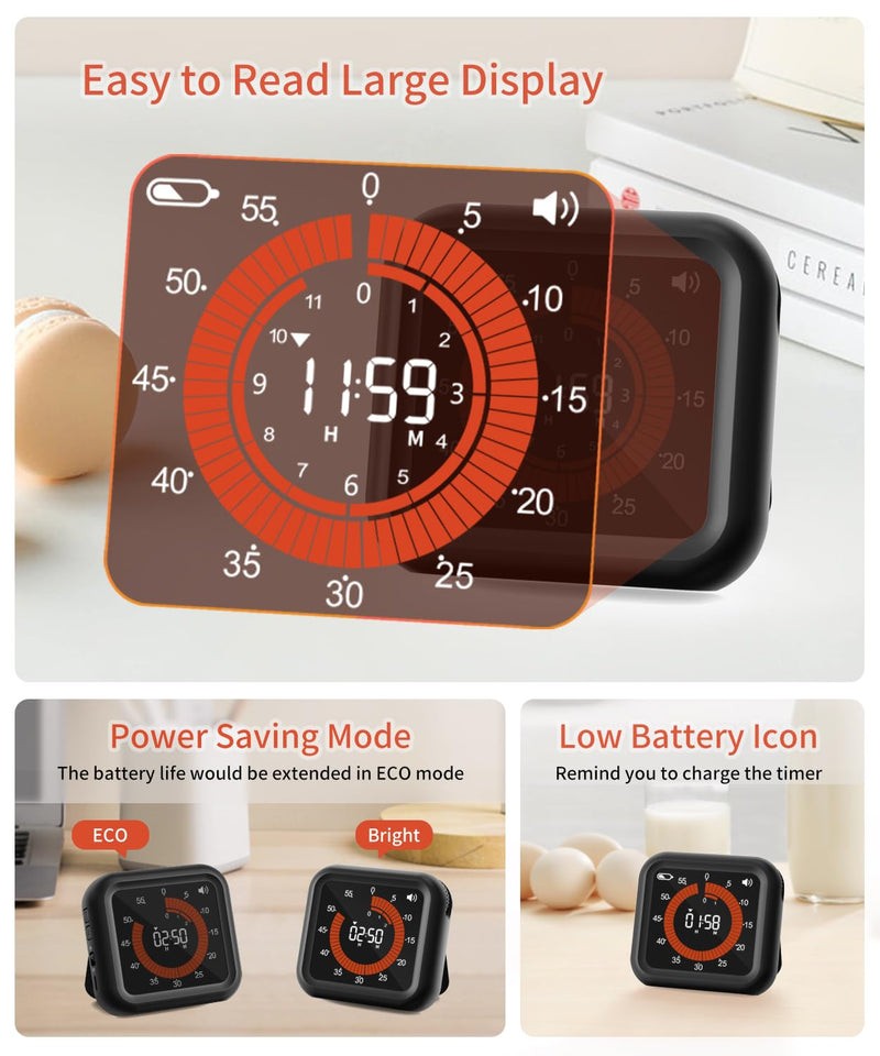 Digital Visual Timer - Large Display Magnetic Countdown Timer with Adjustable Volume and Brightness, 11H59M Memory Function for Kitchen, Classroom, Study Time Management, Seniors & Teachers Black