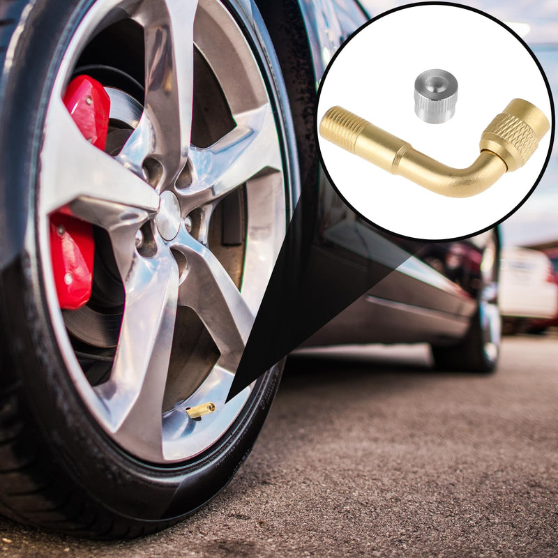 90 Degree Valve Stem Extenders, 2 Pcs Universal Brass Tire Valve Extension Adaptor Metal Valve Stem Extensions for Passenger Cars, Bicycles, Motorcycles, RV, Trailers Gold