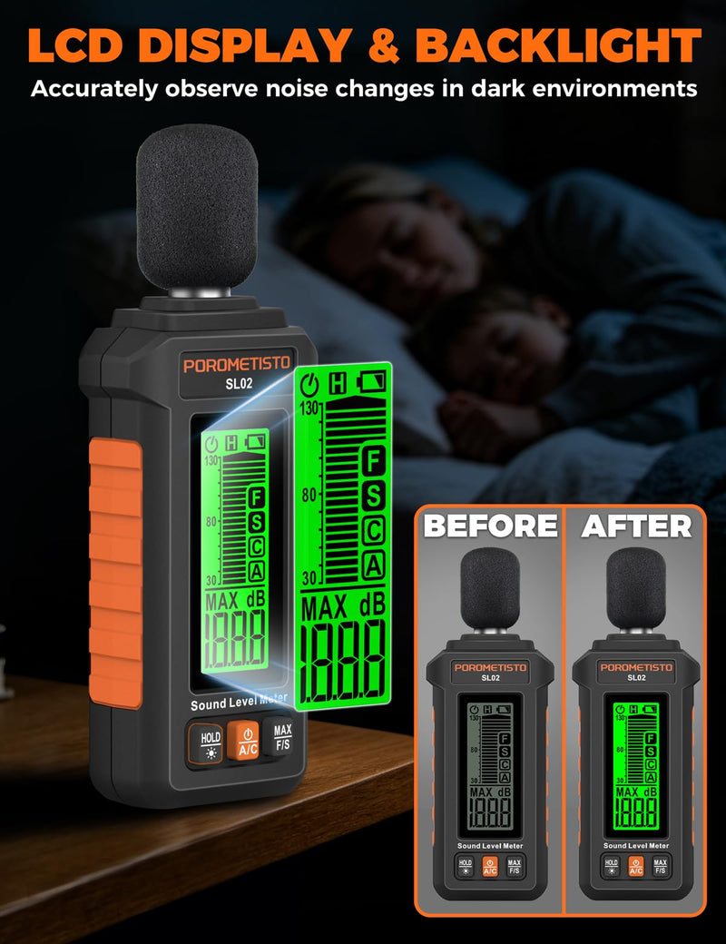 Sound Level Meter, POROMETISTO 30-130dB Noise Decibel Meter with A/C Weighted, ±1.5dB Accuracy, Data Hold, SPL Tester for Home, Factory, Office & Noisy Neighbors