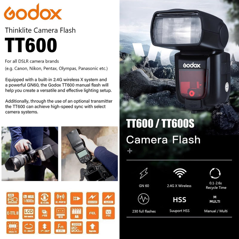 Godox TT600 GN60 2.4G Camera Flash Speedlite & Diffuser for Studio Portrait | Master/Slave GN60 Manual Flash, HSS when paired off camera with Godox X Trigger System for Canon, Nikon, Fujifilm and Olympus Diffuser Kit for Universal Hot Shoe