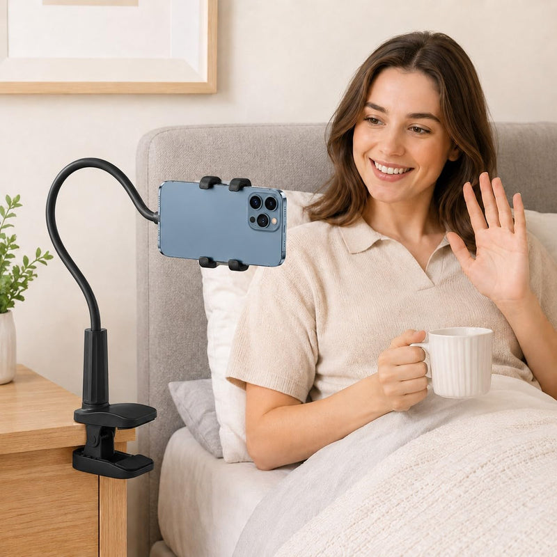 Flexible Phone Holder for Bed, Clip Gooseneck Phone Holder for Desk, 360 Degree Rotation Cellphone Stand, Universal Bracket, Tablet Stand Holder, Black