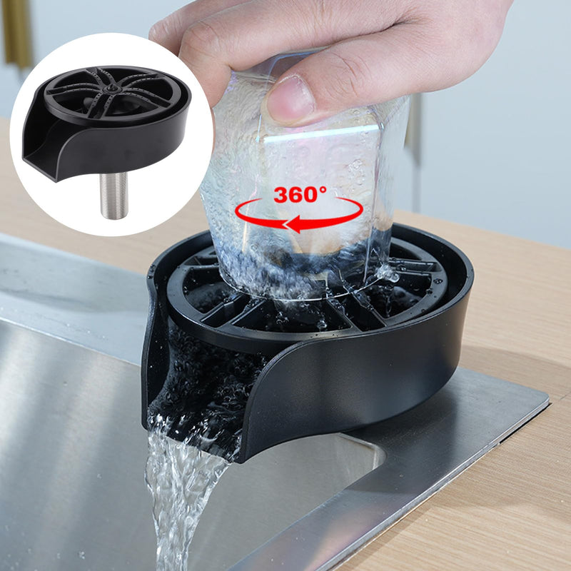 POCREATION Automatic Glass Washer Cup Rinser, 360 Degree Rotating Spout Sink Accessory Stainless Steel Bottle Washer for Bottles, Cups, Utensils Black ABS Basin (US 9/16 Hose)