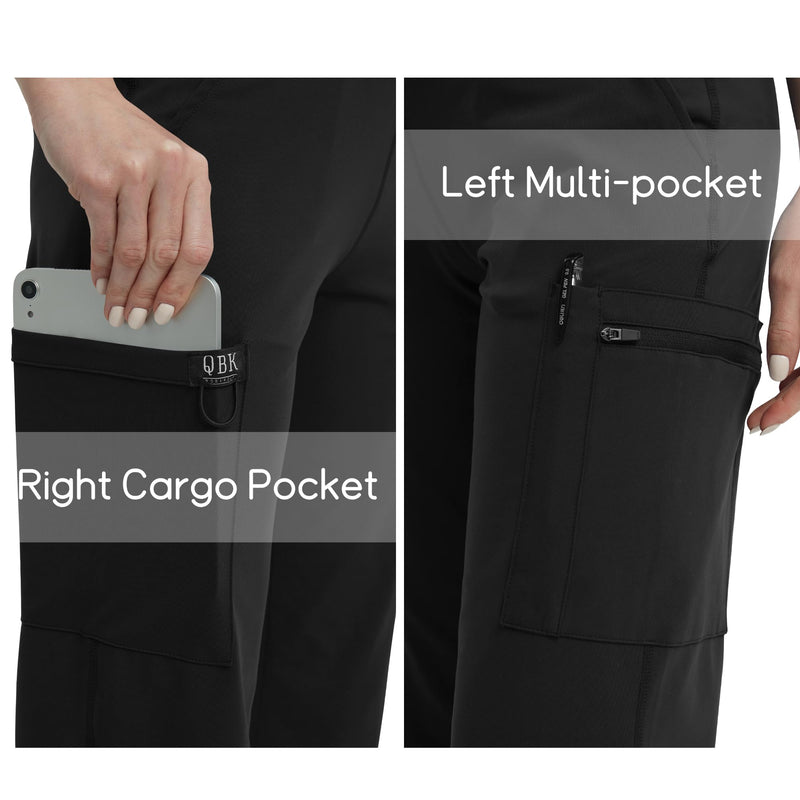 QBK High Rise Yoga Scrub Pants Women - Straight Wide Leg Uniform Pants with Cargo Pocket, Anti-Wrinkle & Knit Yoga Waistband Regular Small Black
