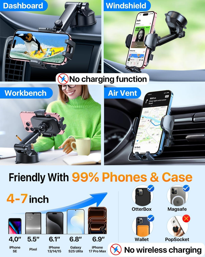 Car Phone Holder【2026 Upgraded 100+LBS Suction & Safety Cert】 Cell Phone Car Mount for Truck Heavy Duty Phone Holder for Dashboard/Windshield/Vent for iPhone 17 16 Pro Max, Dark Black