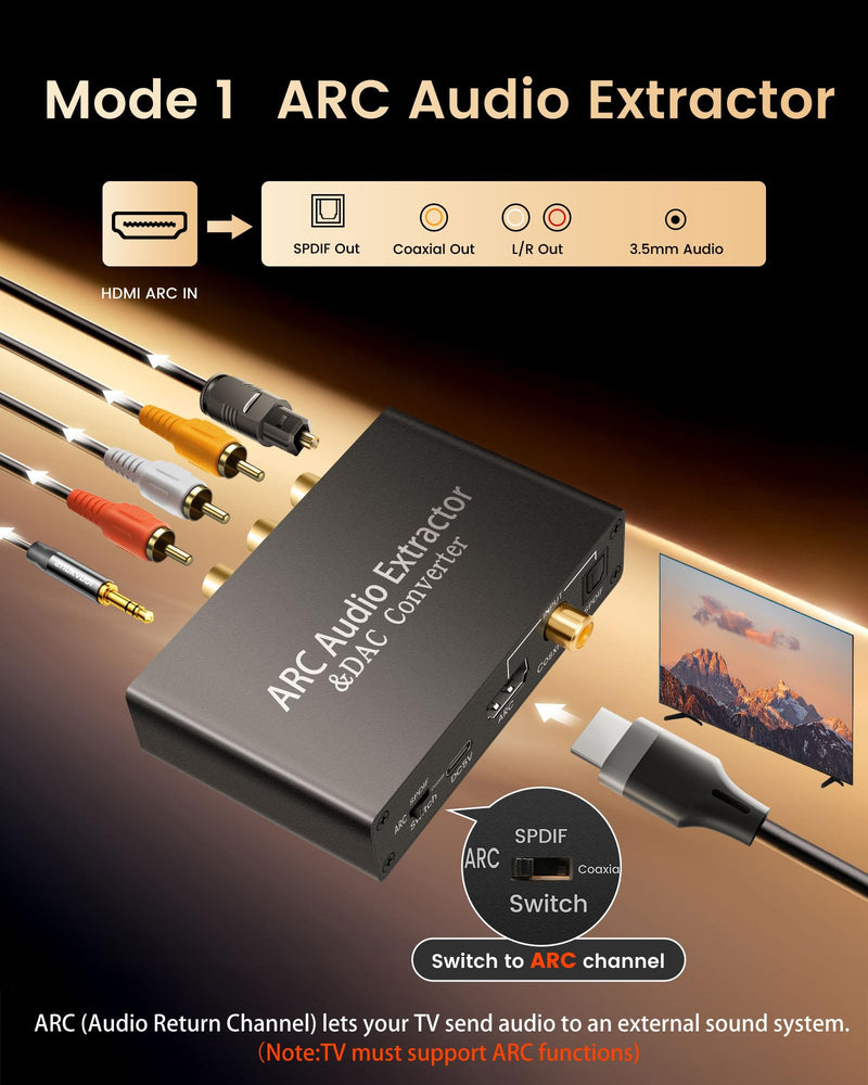 HDMI ARC Audio Extractor DAC Audio Converter 192KHz Digital to Analog Converter for PS3 PS4 HDTV DVD Home Systems, HDMI ARC/Optical/Coaxial Input, SPDIF/Optical/RCA/3.5mm Stereo Output(with 4 Cables) Black