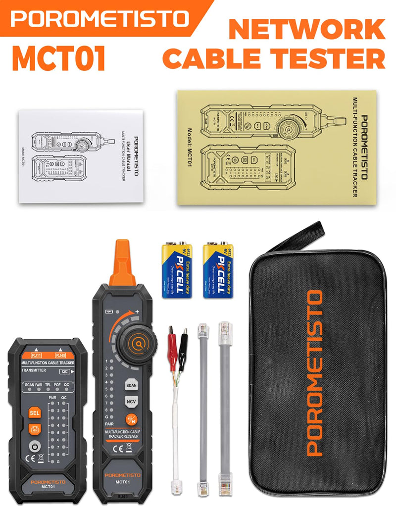 MCT01 4-in-1 Network Cable Tester – POROMETISTO Ethernet Tester with PoE, NCV, Tone Tracing & Flashlight, RJ11 RJ45 Wire Tracer for Cat5/Cat6 Continuity, Telephone Line Polarity, Electrician Tool Kit