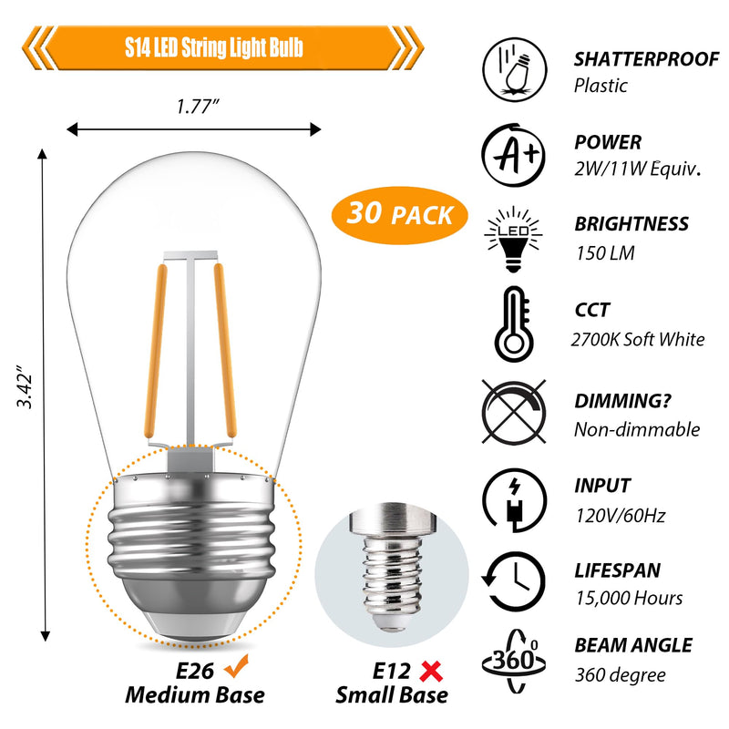 Replacement Bulbs for String Lights, 2W S14 Shatterproof Outdoor LED Light Bulbs, 2700K Soft White, E26 Base, AC120V, Not Dimmable, 30 Pack 2w-2700k Soft White 30 Count (Pack of 1)