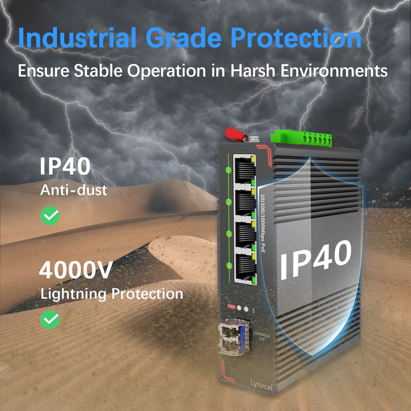 5-Port Industrial PoE Gigabit Din Rail Ethernet Switch, 4 x Gigabit PoE+ Ports, 65W PoE 48V Output, 1 x SFP Gigabit Slot with One Gigabit SFP LC Module, IP40 Unmanaged, with Power Supply 5 Port Gigabit PoE + LC Module
