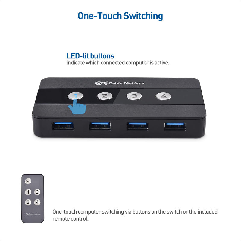 Cable Matters 4 Port USB 3.0 Switch USB Sharing Switch for 4 Computers and USBA Peripherals - Button or Wireless Remote Control Switching - Includes a USBC Adapter for USBC USB4 and Thunderbolt 4