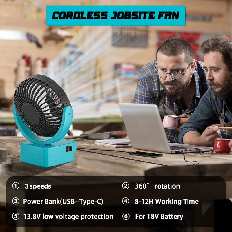 Dinftin Powered Cordless Fan Compatible for Makita 18V Batteries | 3-Speed Control, Powered Fan for Jobsite, Camping etc (Battery Not Included) Blue