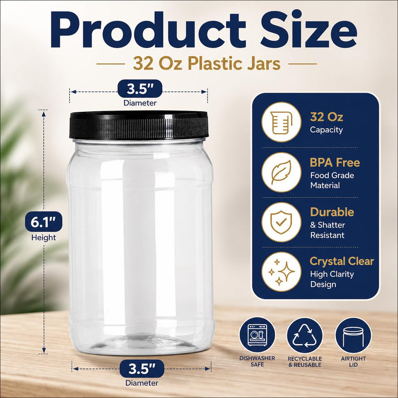 Fasmov 9 Pack 32 Oz Plastic Jars with Black Lids, Wide Mouth Clear Empty Plastic Storage Containers for Crafts, Dry Food, Peanut Butter, Honey and Jam Storage