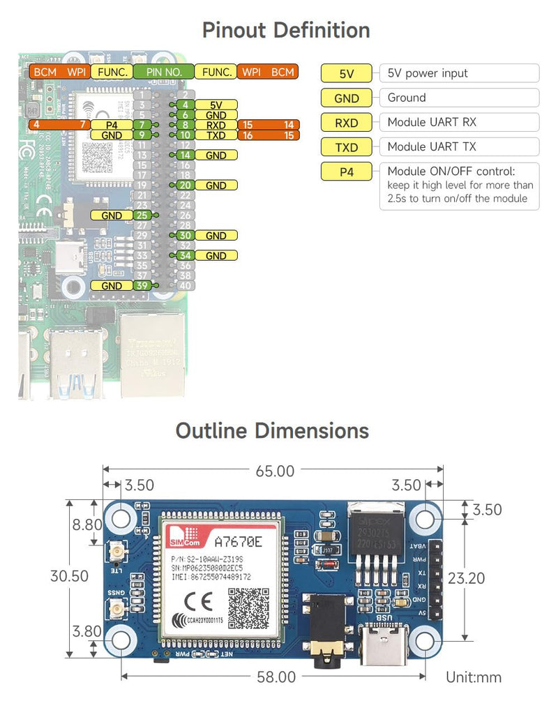 Waveshare Cat-1/GSM/GPRS/GNSS HAT, Compatible with Raspberry Pi, Based On A7670E Module, LTE Cat-1 / 2G Support, GNSS Positioning