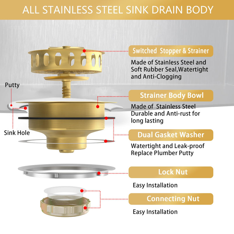 Gold Sink Drain Strainer 3-1/2 Inch Kitchen Sink Drain Assembly Kit with Stainless Steel Strainer Basket and Drain Stopper for Standard Kitchen Sink Brushed Gold