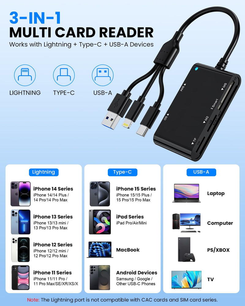 USB-A/USB-C/Lightning Smart ID Card Reader ID Bank SIM Chip SD Card Adapter | CAC ISO7816 ID Card Reader for SD/TF/MS/M2/SIM/IC/CAC&PIV Cards | Accepts Contactless for PC,Windows,Linux,Mac,Plug-and-Play Black