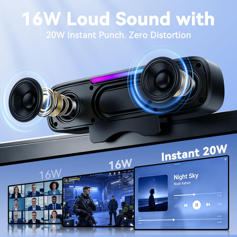 OHAYO Computer Speakers for Desktop PC Monitor, USB Plug-in Laptop Speaker Bar with G-Sensor, BT 6.0, Loud Sound with Deep Bass, RGB Light, Easy Clip-on Design, Volume Knob, USB-C Adapter (Black) Black