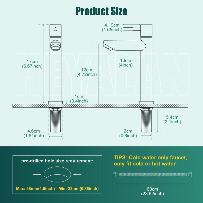 Heyalan Cold Water Only Bathroom Sink Faucet Stainless Steel SUS304 Brushed Nickel Single Handle One Hole Deck Mount Lavatory Faucet (Drain Not Included) Cold Water Only - Short