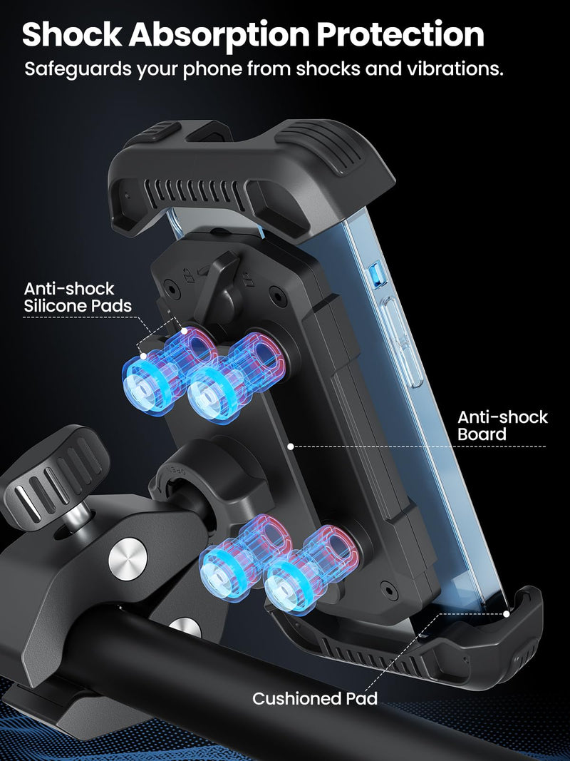 tounee Motorcycle Phone Holder Mount -Dual Vibration Dampener, Tool-Free Bike Phone Holder Handlebar Clip & Secure Lock for iPhone 16/15 Pro Max, 4.7-6.7" Phones - Black