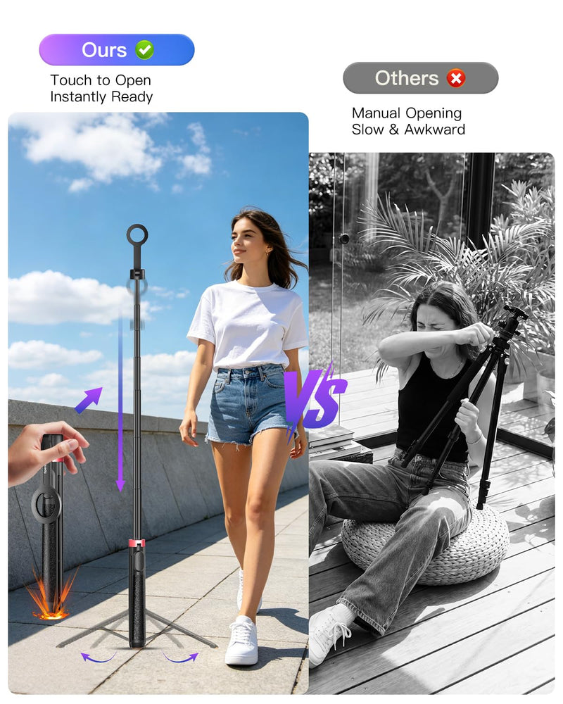 Magnetic Phone Tripod for iPhone, 70" 1s Open Selfie Stick with Remote | MagSafe compatible phone stand for iPhone & Android, portable for selfies, recording and live streaming Black