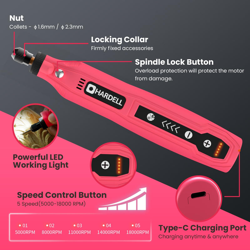 HARDELL Mini Cordless Rotary Tool, 5-Speed 3.7V Rechargeable Rotary Tool Kit with 129Accessories, USB Charging Multi-Purpose DIY Tool for Sanding, Polishing, Drilling, Engraving, Woodworking(Pink 129) Pink-129 accessories