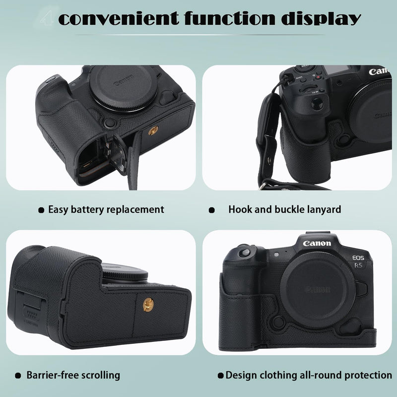 for Canon EOS R5 Camera Case,Handmade Genuine Real Leather Half Camera Case Bag Cover for Canon EOS R5 Camera Bottom Opening Version + Hand Strap (Black) black