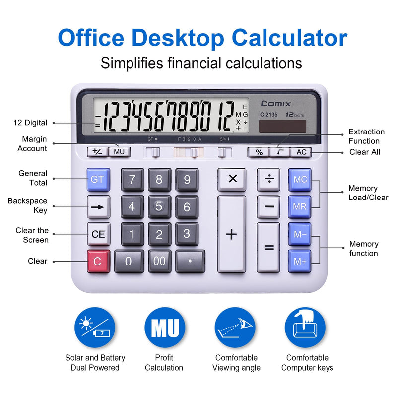 Comix Desktop Calculator Solar Battery Dual Power with 12-Digit Large LCD Display and Large Computer Keys Standard Function Calculator for Home Office School, White(2 Pack) White 2Pack