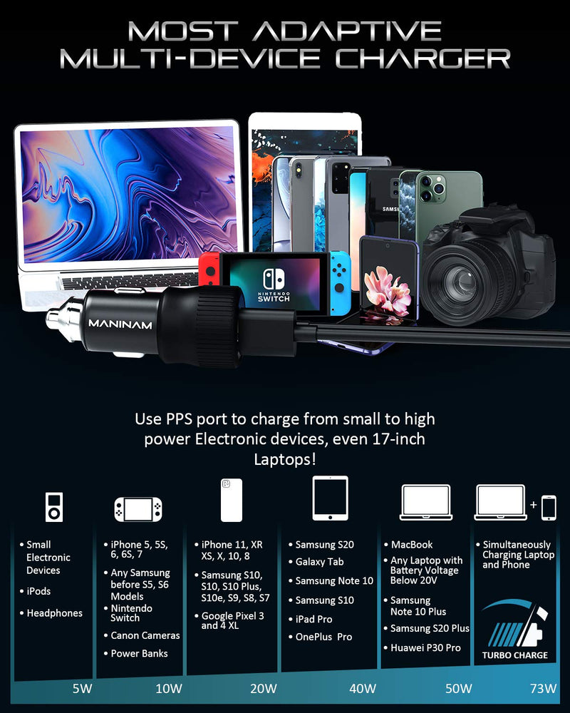 MANINAM All-Metal 73W Super Fast USB-C Car Charger M113 – PPS PD 3.0 Dual-Port Fast Charger 55W+18W for Samsung S24 S23 S22 Note 10 Plus iPhone 15 14 MacBook Laptop – No Cable, US Brand Warranty