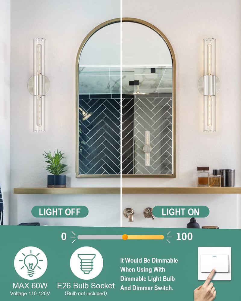 Bathroom Vanity Light Fixture, 2-Light Brushed Nickel Wall Sconce Lighting Fixture with Clear Glass, Indoor E26 Stocket Silver Wall Lamp for Mirror Living Room Hallway(Bulb Not Included) 1 Count (Pack of 1)