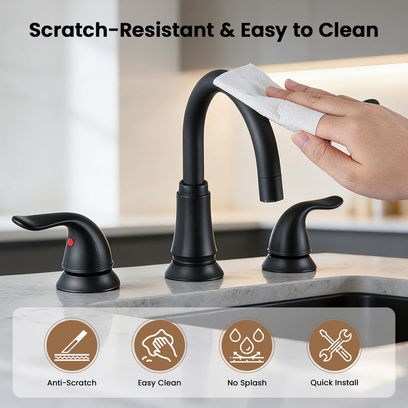 Matte Black Widespread Bathroom Faucet 3 Hole, 8 Inch Adjustable Bathroom Sink Faucet with Pop-Up Drain & Supply Lines, Dual Handle 360° Swivel Spout, Modern Design 1 Pack Matte Black