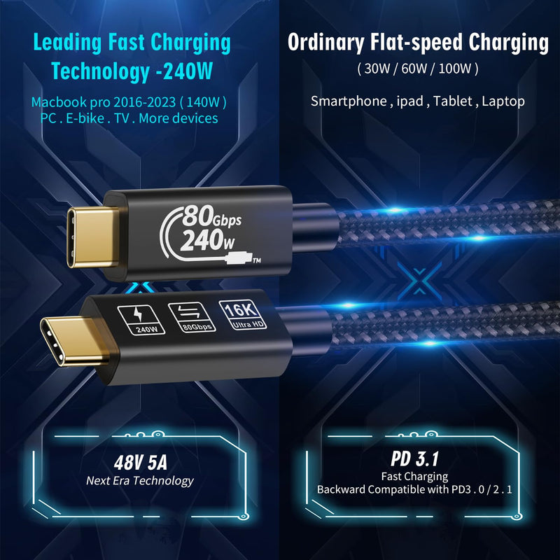 with Thunderbolt 5 Cable,USB4 Cable, 240 W Charging, 80 Gbps Data, gen4,16K@60Hz 4K120Hz HDR, USB C to USB C, for Hub, Dock, M2, M3, SSD, Laptops, Monitor (TB5 80G 240W 0.5M) TB5 80G 240W 0.5M