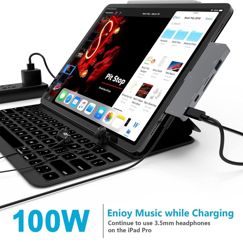 iPad Pro M4/M2/M1 13/11/12.9, iPad Air 5, 7 in 1 Adapter - 4K 60Hz HDMI, 3.5mm Headphone Jack, USB3.0, USB C PD Charging & Data, SD/Micro SD Card Reader 7 in 1 4K60Hz