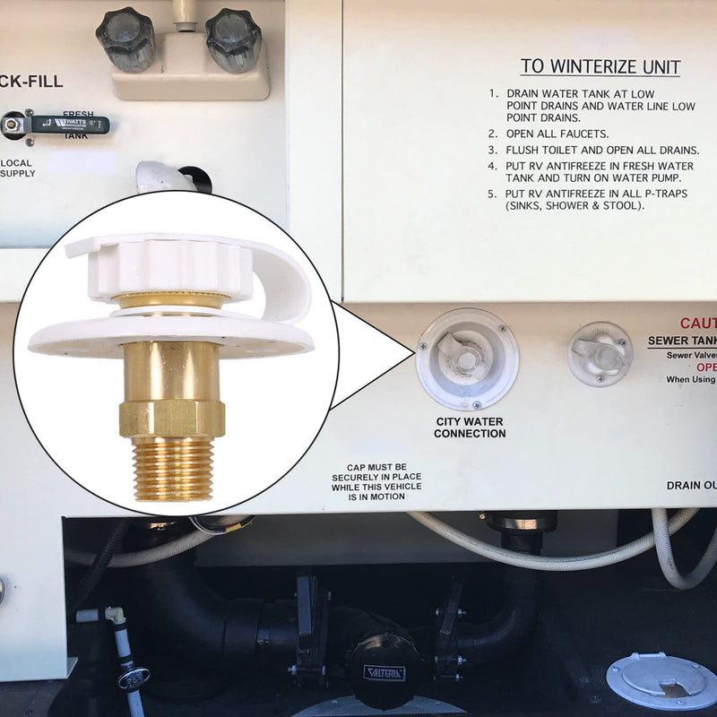 EXCELFU RV City Water Fill Inlet Flange Brass with Check Valve, RV Water Inlet Replacement 1/2" NPT Male, City Water Connection Inlet for RV Camper Motorhome Trailer Marine (White) White
