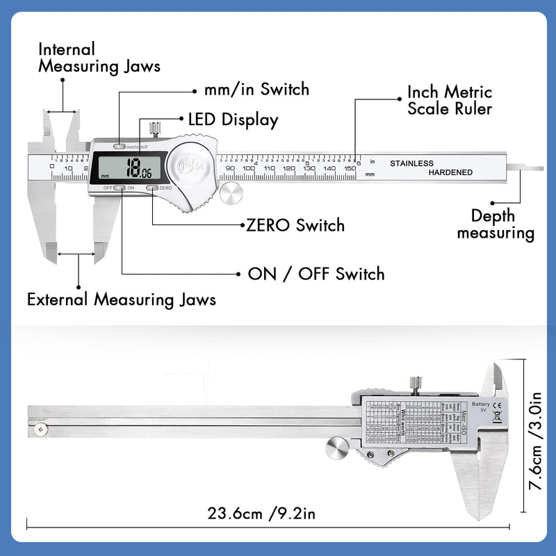 Electronic Digital Calipers, inch and Millimeter Conversion,LCD Screen displays 0-6" Caliper Measuring Tool, Automatic Shutdown, Suitable for DIY/Jewelry Measurement (150mm inch/mm/Fraction) 150mm inch/mm/fraction