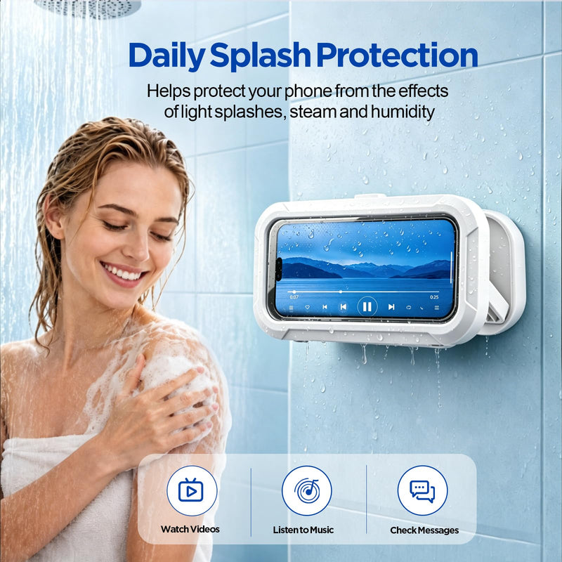 AgePlace Shower Phone Holder Waterproof, 480° Rotatable & Retractable Wall Mount Phone Holder for Shower, Anti-Fog Touchscreen Bathroom Phone Holder with Adhesive No-Drill Mount, Fits 4–6.7" Phones WHITE