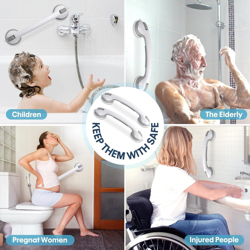 Auroras Strong Suction Cup Grab Bars for Bathtubs and Showers, 2 Pack Removable Heavy Duty Shower Grab Bars for Seniors No Drilling, 16 Inch Non-Slip Shower Handles for Elderly,Children,Injured Gray