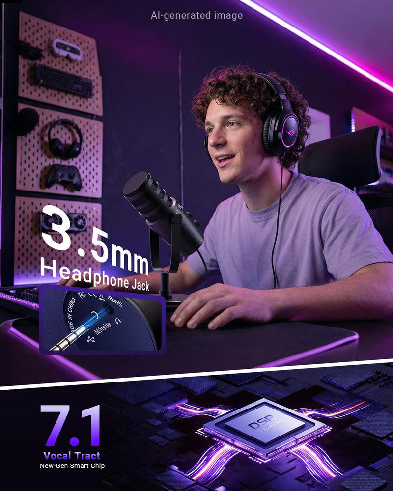 Streaming Microphone for Discord, RGB Mic for PC | Supercardioid pickup, noise cancellation, one-tap mute, gain control, 3.5mm jack, podcast, smartphone compatible