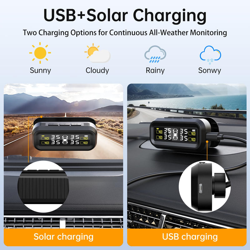 SEACOT Solar TPMS Tire Pressure Monitoring System - Professional Edition (0-87 PSI), 4 Sensors, Solar and USB Charging, LCD Display, 6 Alarm Modes, Suitable for Car, RV, SUV, MPV, and Sedans S21