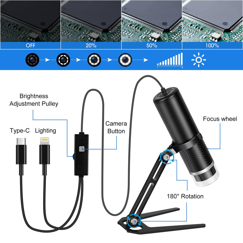 USB Digital Microscope Compatible with iOS and Android Devices (Not for Any PC), 50x-1600x Magnification, 1920x1440P HD Portable Microscope Camera for Adults, Children, Students