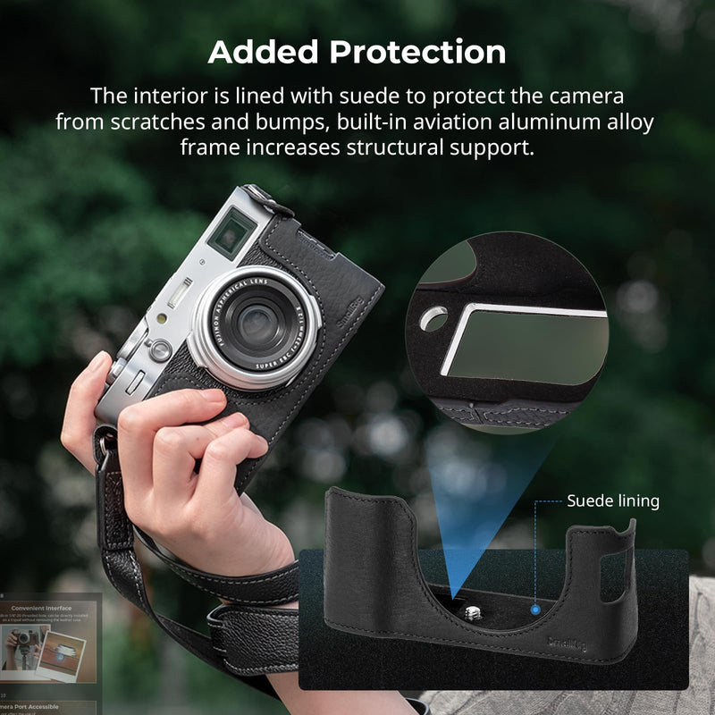 SMALLRIG Retro Half Leather Case for Fujifilm X100VI with Neck Strap, Black | Genuine Leather Half Case with Aluminum Alloy Frame and Shoulder Strap