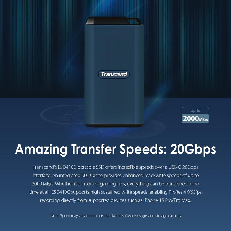 Transcend 1TB External SSD, Up to 2000MB/s, Supports Apple 4K 60fps ProRes, USB Hard Drive for iPhone15,16/iPad/Mac/Tablets/PS5/Windows/Android, IPX5 Water-Resistant USB 3.2 Gen2 (20Gbps) Portable SSD ESD410C