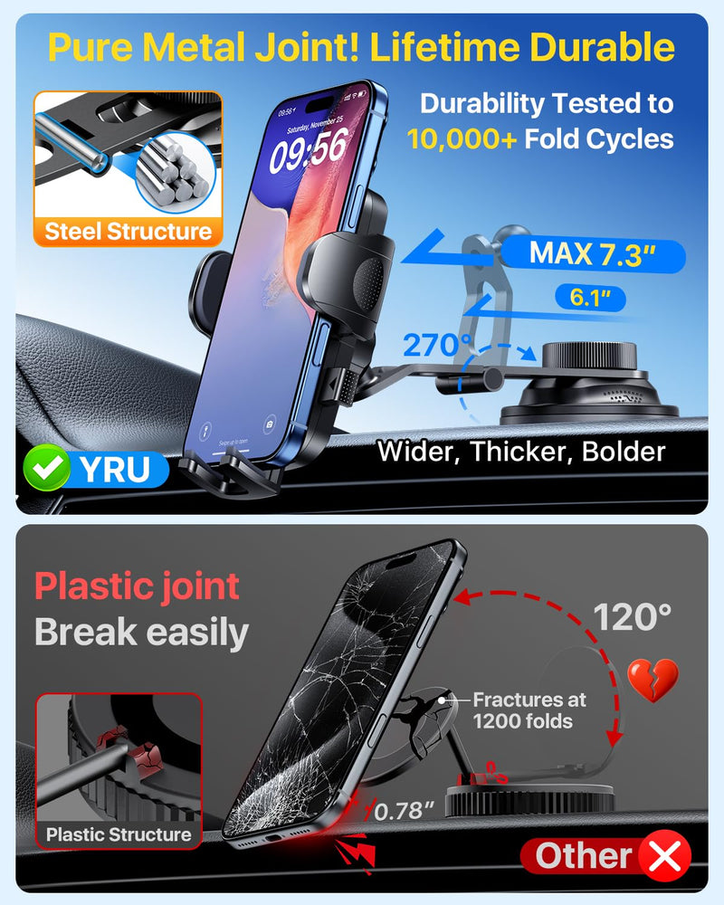 Military-Grade Heavy-Duty Metal Car Phone Holder Mount 2026 Upgraded Foldable & 360° Rotatable Arm【90LBS Safest Strongest Certs & Patent】Windshield Vent Dashboard for iPhone 17 Pro Max 16 15, Black