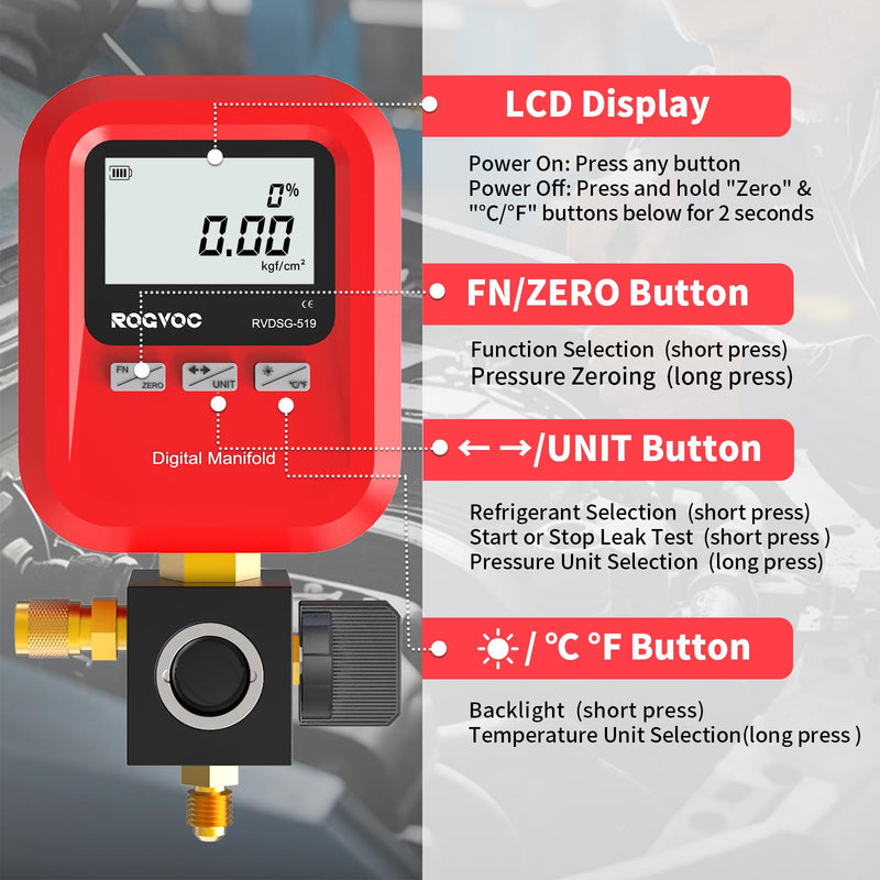 Digital Single Manifold Gauge, HVAC Refrigerants Digital AC Gauges Pressure Gauge for R22/R32/R410A/R134A/1234YF 24+ Refrigerants Recharge