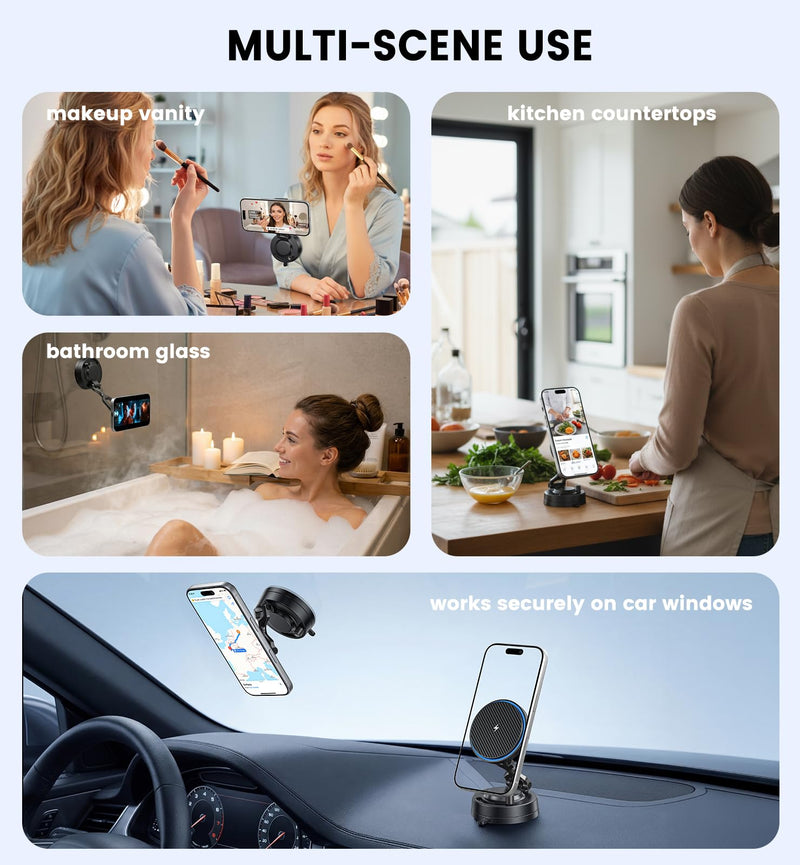 OANDYS 15W MagSafe Car Mount Charger for iPhone 12-17 Pro/Max/Plus/Air | 3200gf Magnetic Wireless Charger, 82LBS Suction Cup Dashboard Phone Holder, 360° Rotatable Magnetic Stand
