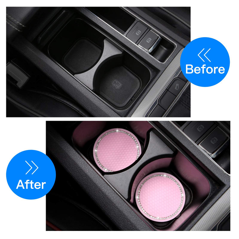 2 Pack Bling Cup Holder Insert Coasters, 2.75 Inch Soft Crystal Rhinestone Rubber Pad Set Round Auto Drink Coaster Car Interior Accessories (Pink) Pink