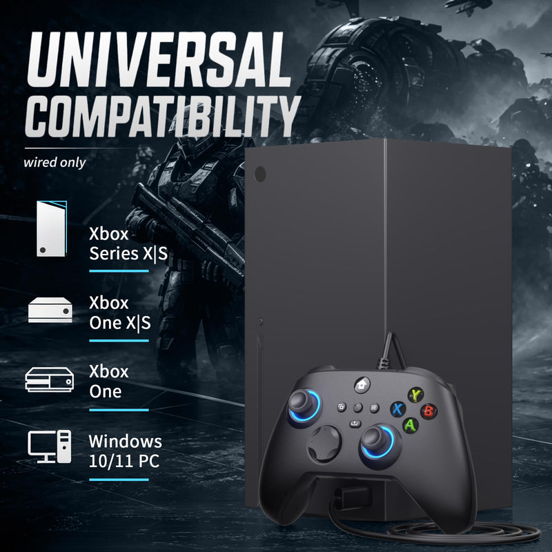 YUYIU Wired RGB Controller for Xbox One, Xbox Series X|S, PC, Steam, iOS | Wired Gaming Controller with Hall Effect Joystick/Trigger, Macro, Turbo, 3.5mm Audio Jack, Vibration (Phantom Black, 7.2FT) Phantom Black