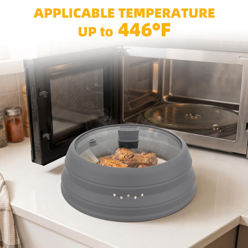 Microwave Splatter Cover Glass Cover Guard Lid with Collapsible Silicone for Food Pot Plate Cover 9.8 inch Light Grey