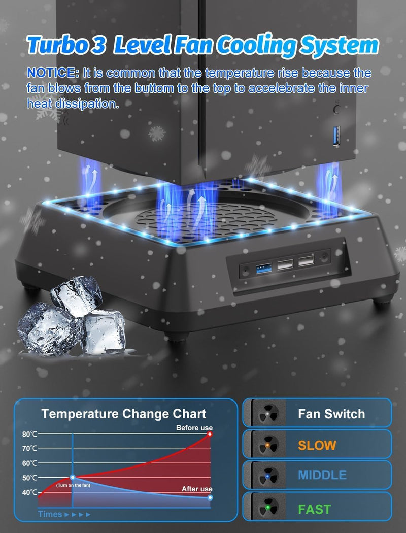 Mviioe LED Cooling Fan for Xbox Series X with Dust Cover Filters | Cooling Stand Station Compatible with Xbox X, Extra Big Turbo Fan, USB 2.0 Ports, Dust Cover Filters, Black