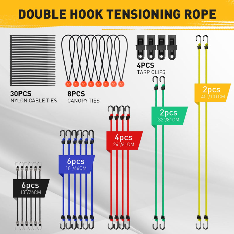 ELEAD 33 Piece Premium Bungee Cords Assortment Jar, Includes 10", 18", 24", 32", 40" Bungee Cord with Hooks, 6" Nylon Cable Ties, 8" Canopy Tarp Ball Ties and Tarp Clips