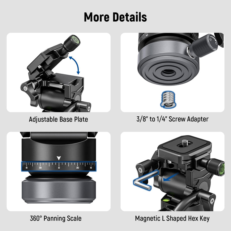 NEEWER Tripod Fluid Head with ±10° Leveling Base (43mm Dia.) Vertical/Horizontal Shooting Switch, Compact Metal Pan Tilt Video Head with Arca QR Plate, Telescopic Handle, Max Load 9.9lb/4.5kg, GM30