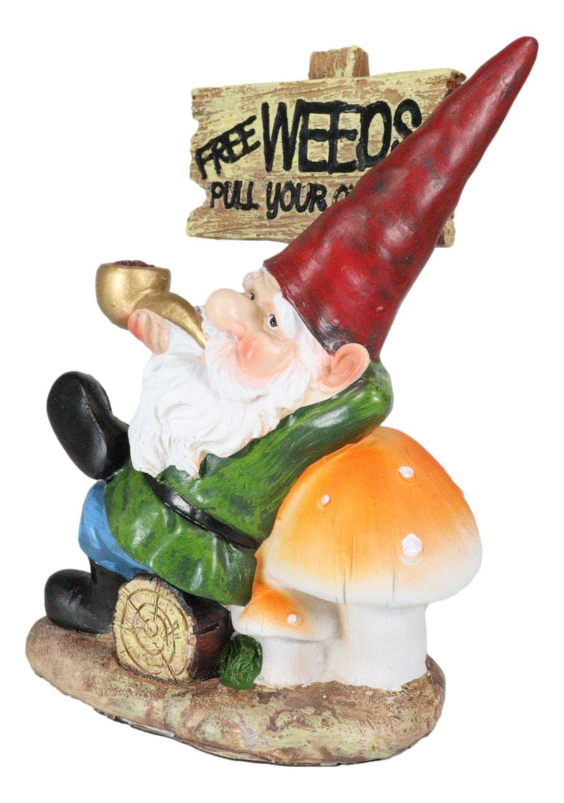 Ebros Gift Whimsical Festive Holiday Novelty Mr Gnome Grandpa Relaxing On Toadstool Mushrooms and Log by 'Free Weeds Pull Your Own' Yard Sign Figurine Travelling Gnomes DIY Fairy Garden Home Decor