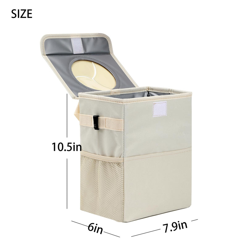 Car Garbage can with lid Leak Proof Vehicle Trash Can 3 Storage Pockets Hanging Waterproof car Trash Bag for SUV Beige